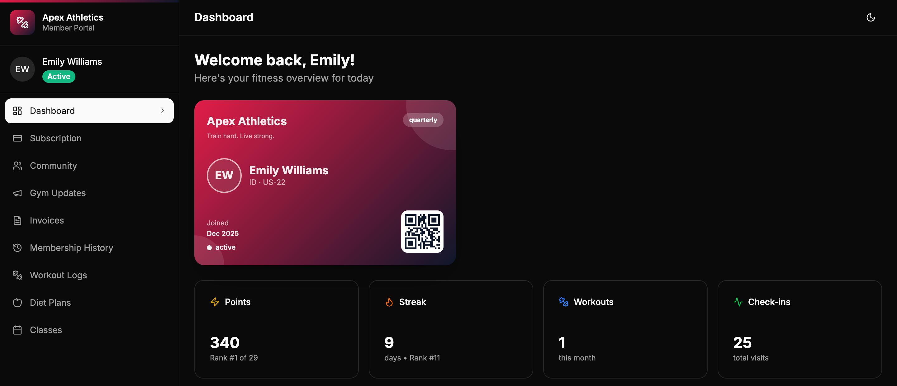 Member portal dashboard with points, streak, check-ins and membership status